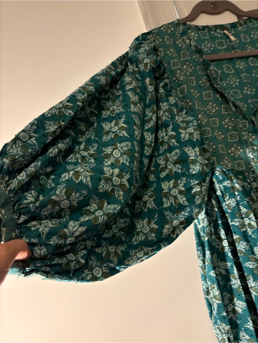 Free People Green/Teal Floral Maxi Dress with Puff Sleeves - Picture 8 of 9